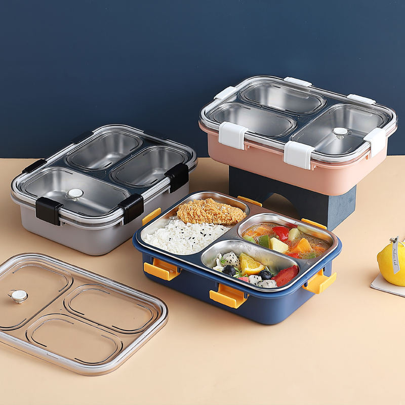 Stainless Steel 3 Compartment Lunch Box | Leak Proof | Office & School Tiffin Box with Spoon