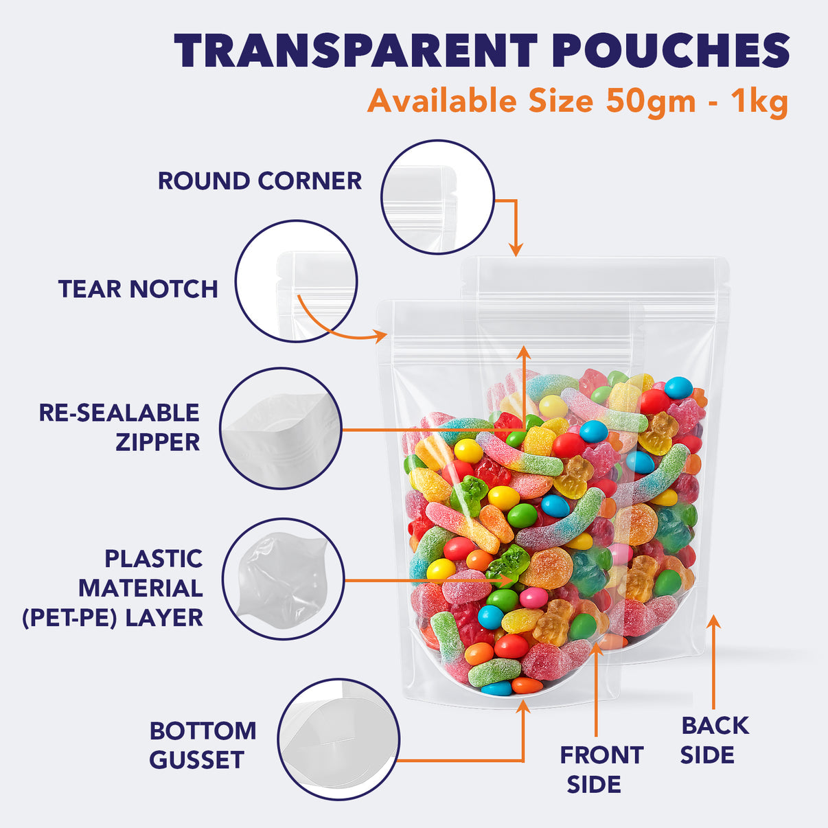 Stand Up Zipper Pouch | Transparent Food Grade Packaging Bags | Leak Proof | Multiple Sizes Available
