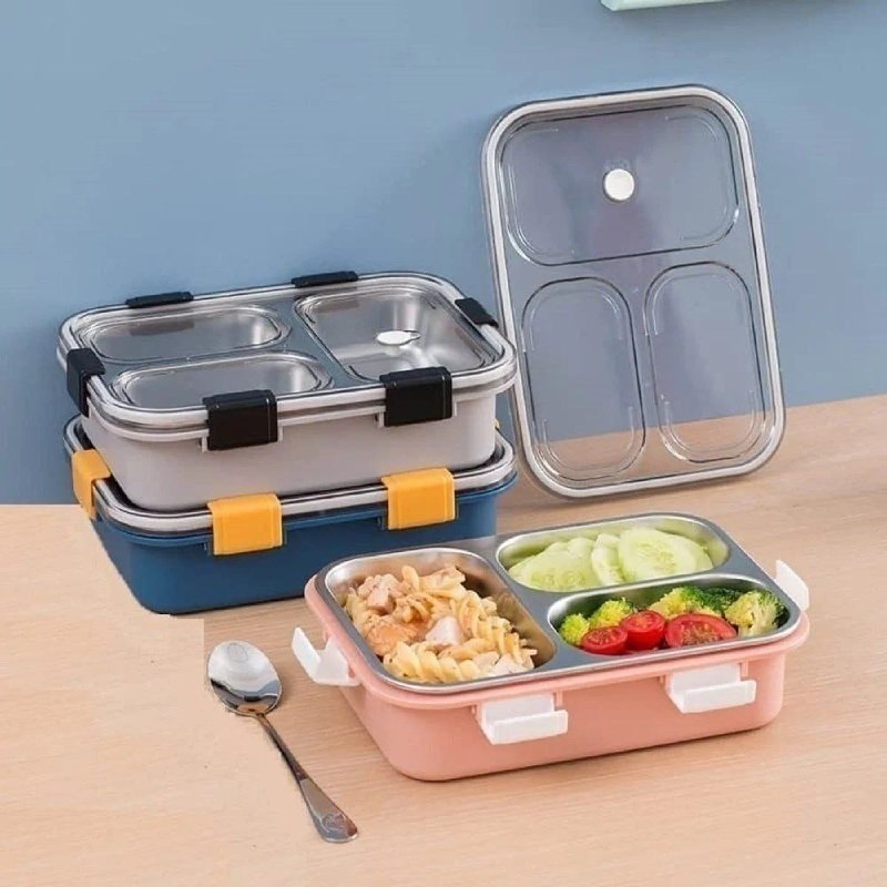3 Compartment Stainless Steel Lunch Box with Spoon & Chopsticks