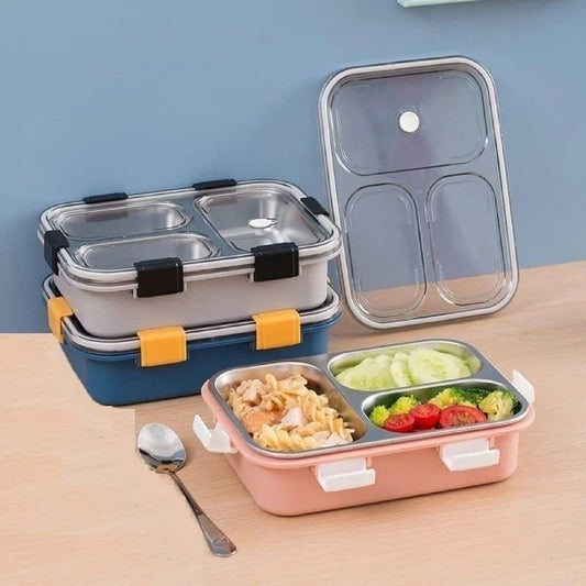 3 Compartment Stainless Steel Lunch Box with Spoon & Chopsticks