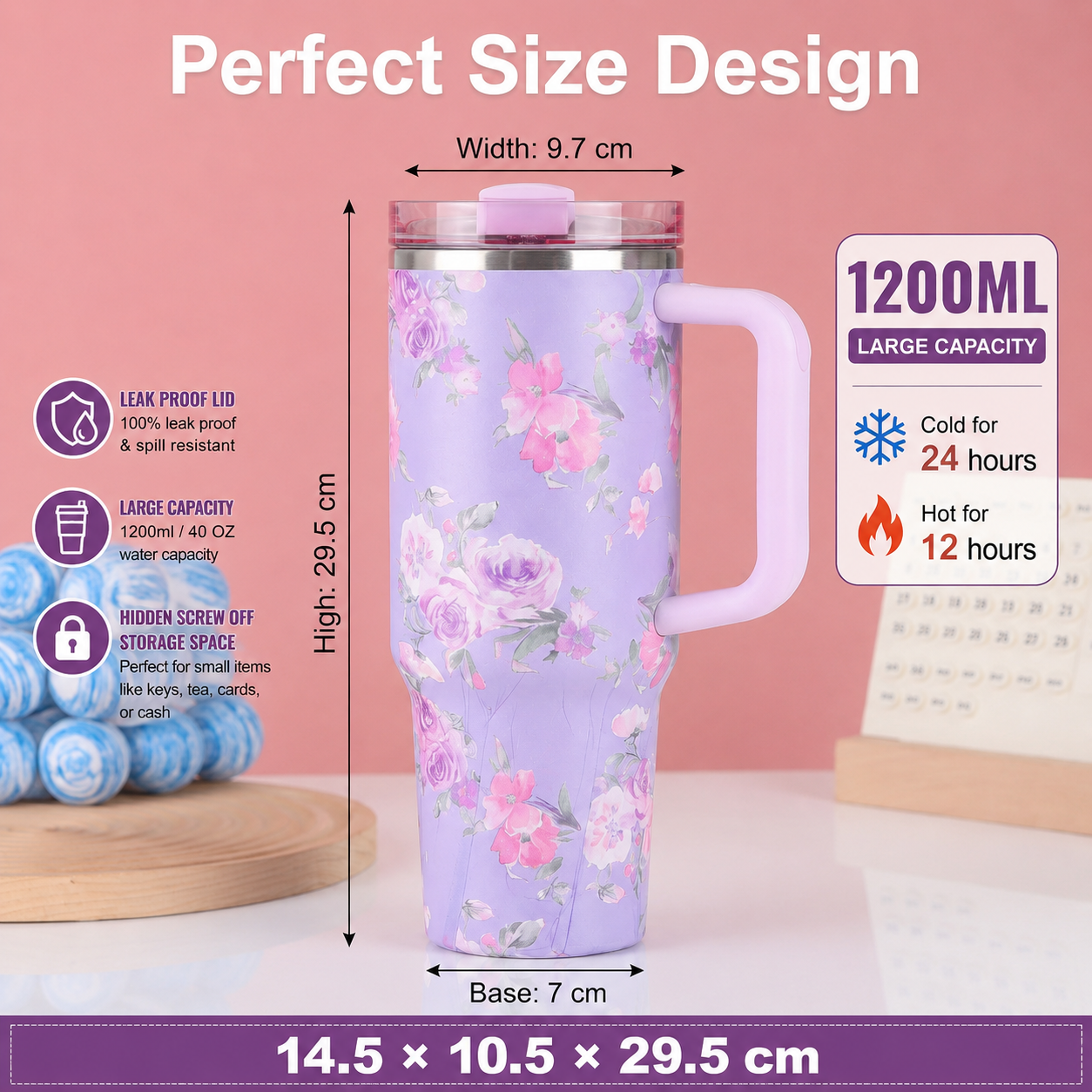 Premium Printed Stainless Steel Tumbler 1200ml with Handle | Vacuum Insulated | Leak Proof | BPA Free | Travel Mug