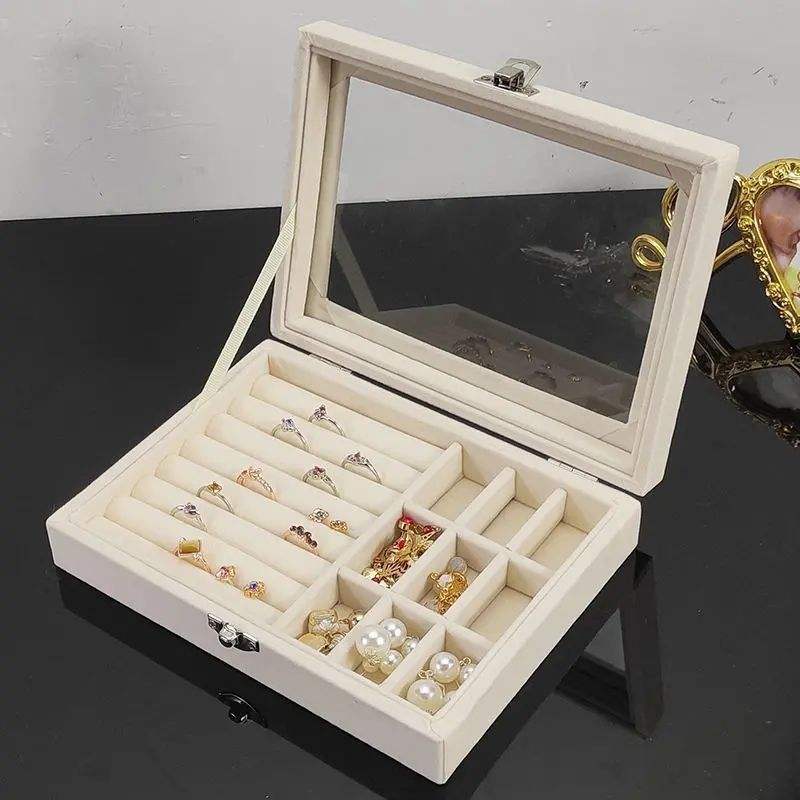 Jewellery Organizer Box Velvet Clear Lid Lockable Jewelry Storage Case for Rings Earrings Bracelets Necklace