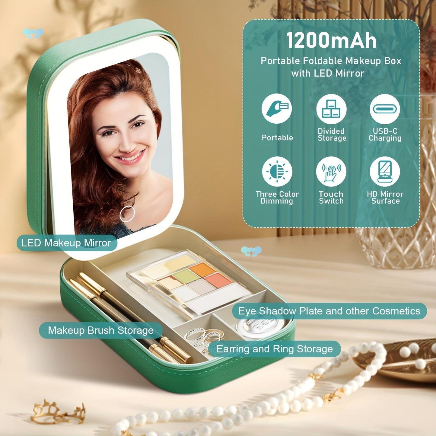 LED Makeup Mirror Jewelry Box with Storage Organizer