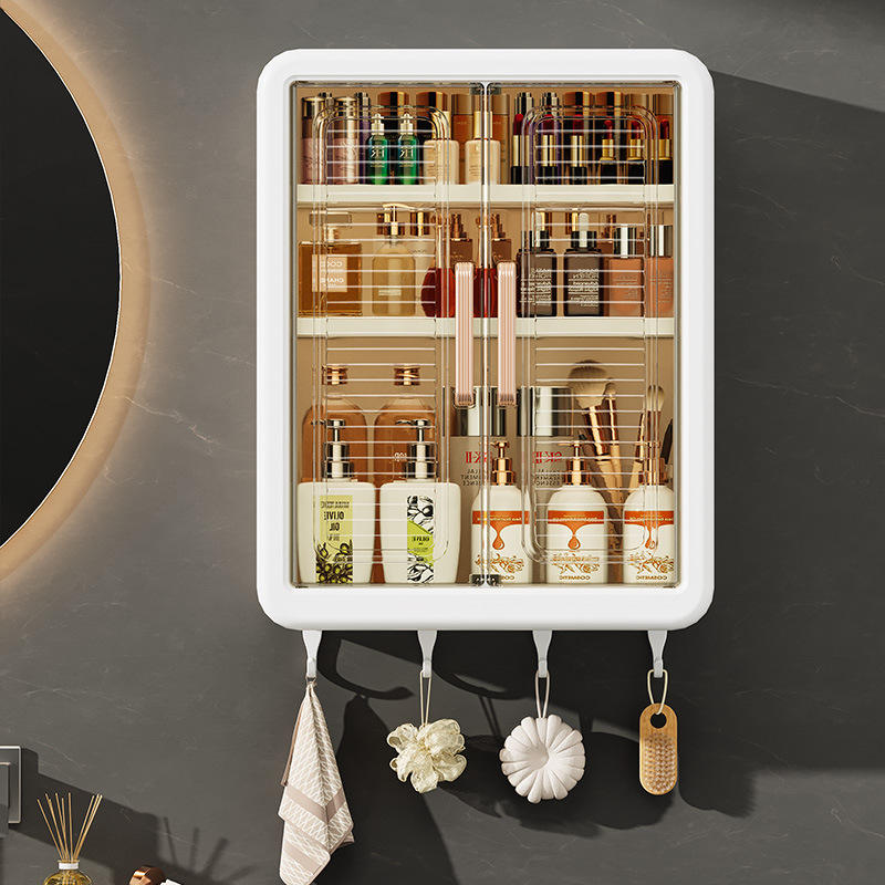 Wall Mounted Storage Cabinet for Kitchen & Bathroom | Multipurpose Organizer Cabinet with Double Door & Hanging Hooks