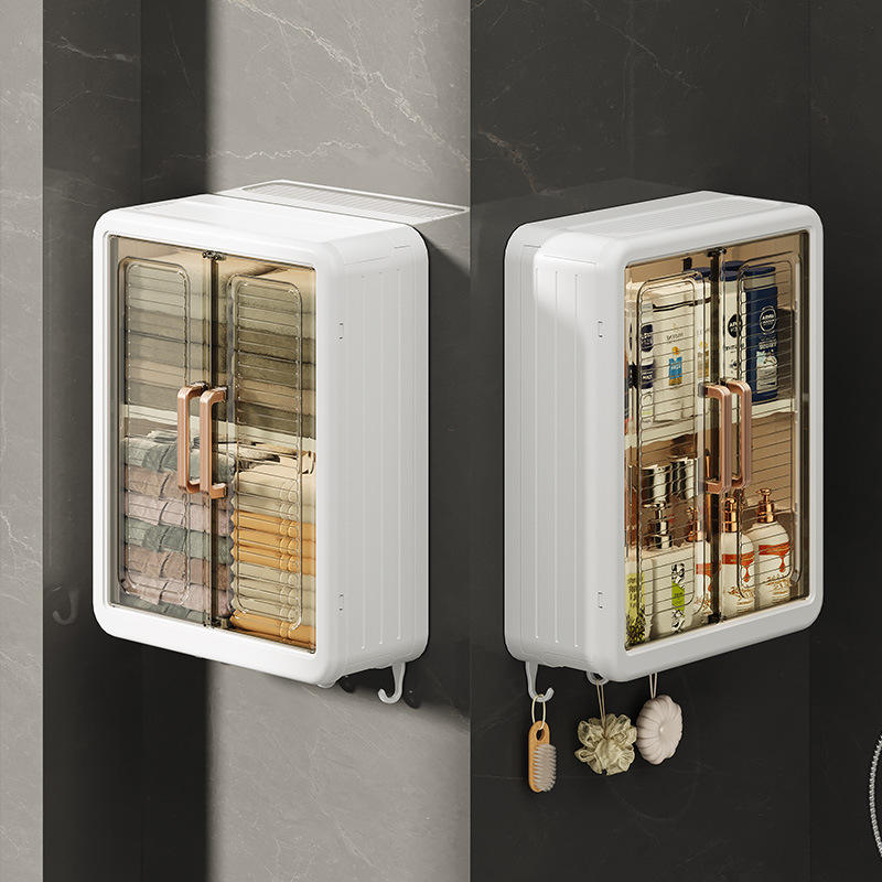 Wall Mounted Storage Cabinet for Kitchen & Bathroom | Multipurpose Organizer Cabinet with Double Door & Hanging Hooks