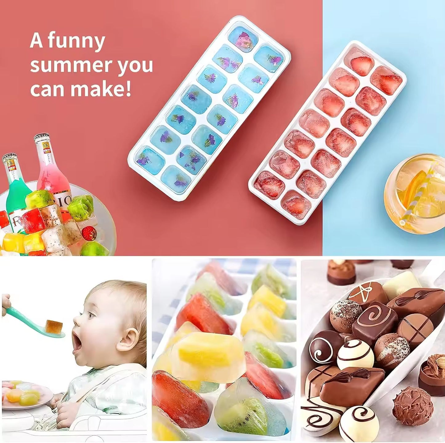 Silicone Pop Up Ice Cube Tray with Lid – BPA Free Ice Ball Mold