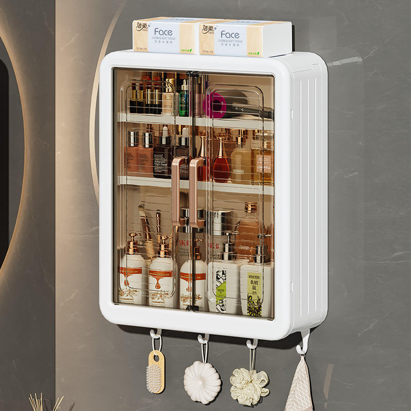 Wall Mounted Storage Cabinet for Kitchen & Bathroom | Multipurpose Organizer Cabinet with Double Door & Hanging Hooks