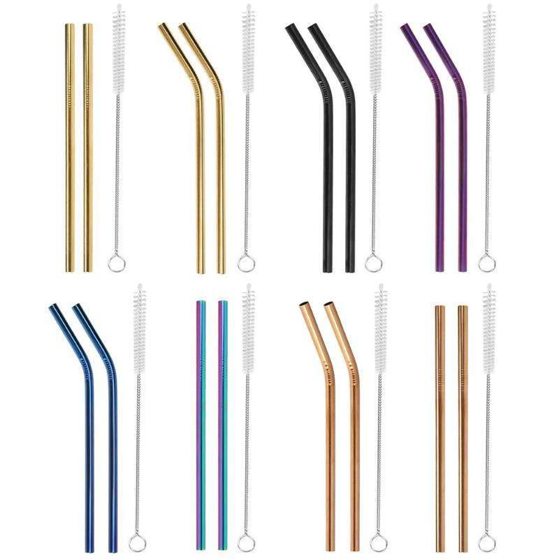 Reusable Stainless Steel Drinking Straws Set with Cleaning Brush (4 Pieces)