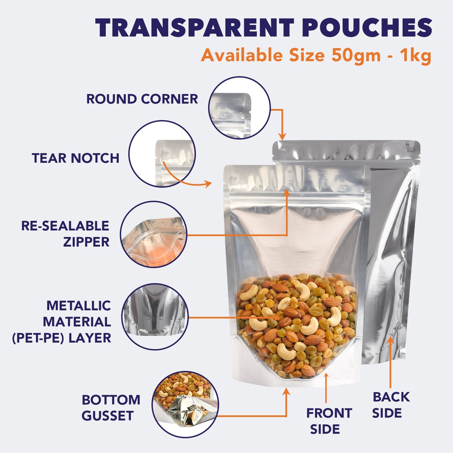 Clear / Gloss Silver Stand Up Zipper Pouch