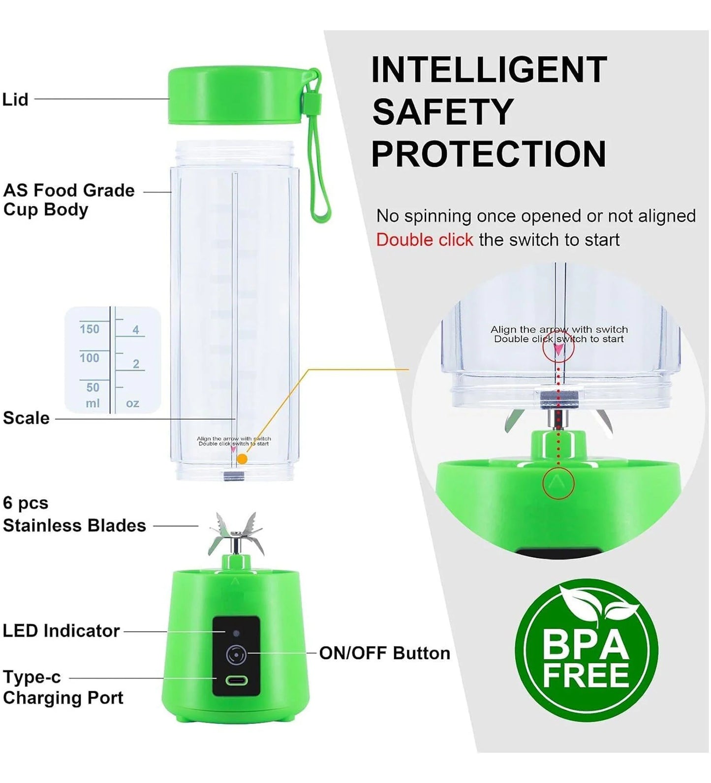 Small Portable USB Rechargeable Juicer Blender 400ml | 6 Blades | Safety Sensor | Protein Shaker Bottle | Multicolor