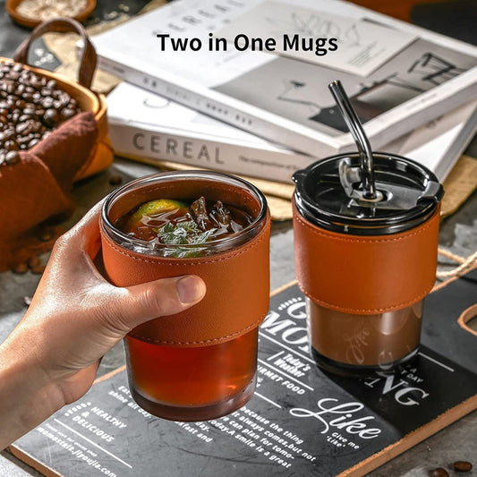 Glass Cup with Leather Sleeve – 400ml Reusable Glass Coffee Mug with Straw & Leakproof Lid